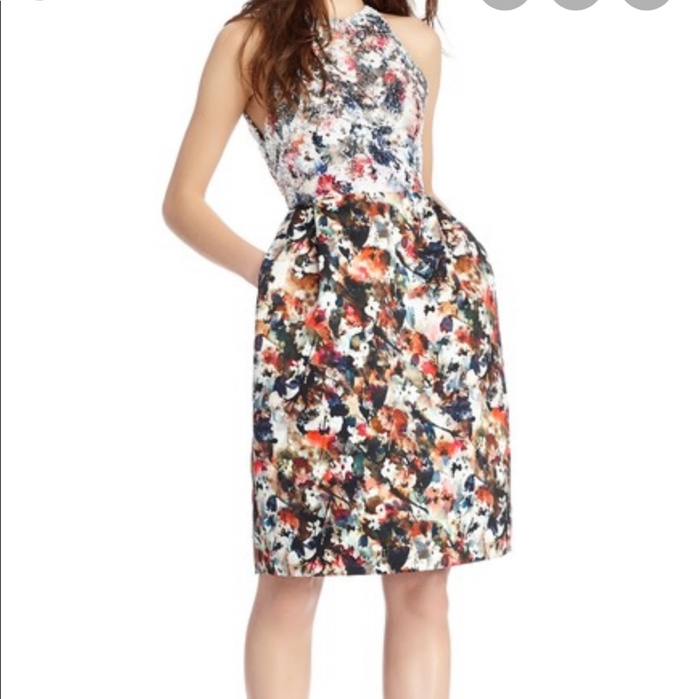 Monique Lhuillier Open Back Print Midi Dress 4 NWT